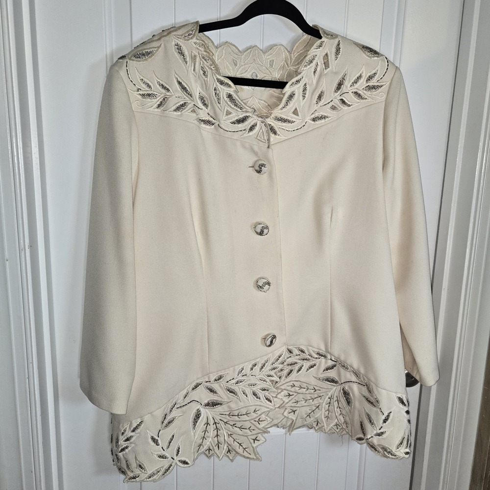 Lpogee Vintage Ivory Polyester Jacket Womens Sz 22 Button Up Cut Outs
